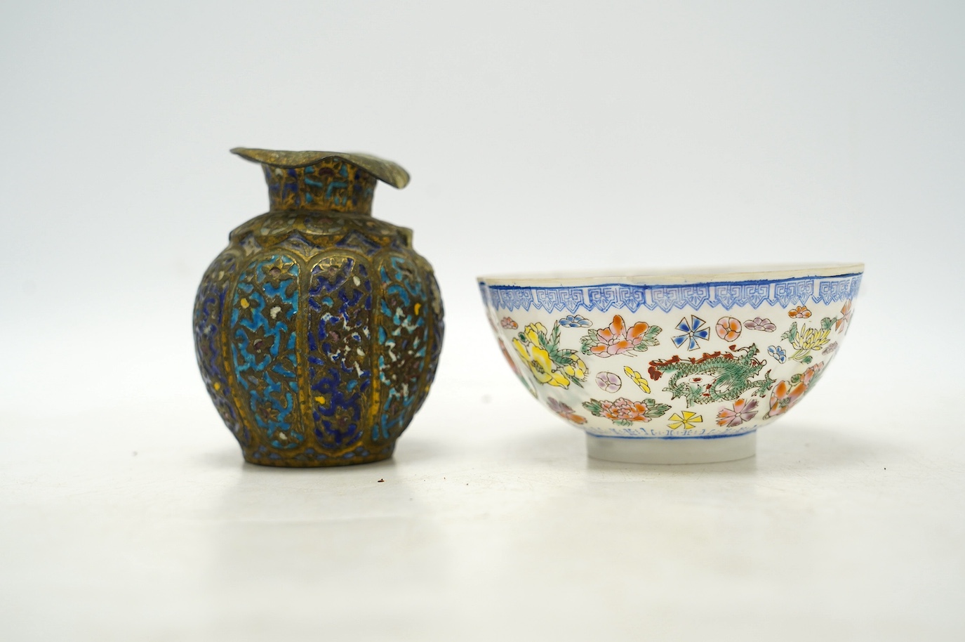 An early 20th century Chinese eggshell porcelain bowl and an enamelled bronze vase, tallest 9cm. Condition - poor